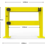 Yellow industrial safety gate with dimensions labelled