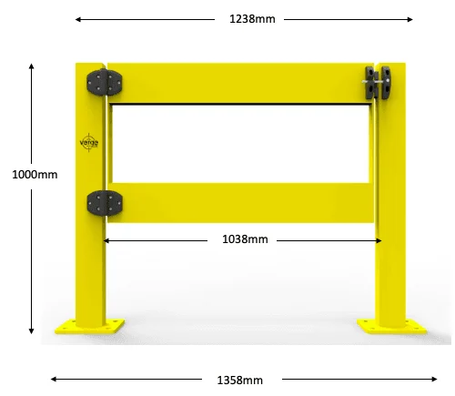 Yellow industrial safety gate with dimensions labelled