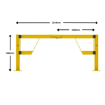 Yellow framework with specified dimensions and supports.
