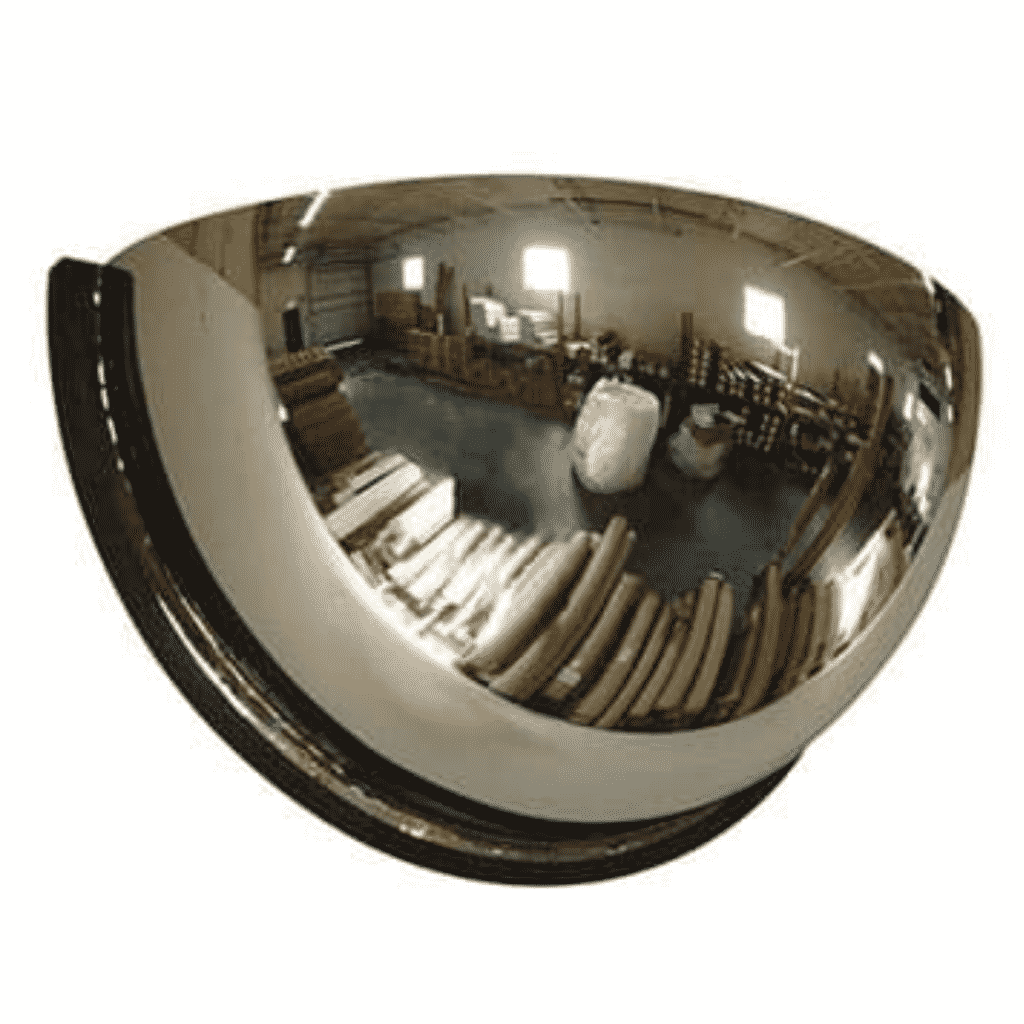 Reflective metallic dome in a warehouse setting.