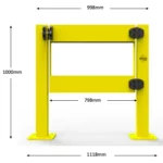 Yellow steel safety gate with dimensions labelled
