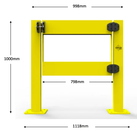 Yellow steel safety gate with dimensions labelled
