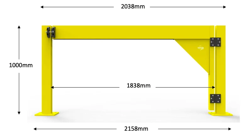 Yellow industrial height restriction barrier with dimensions