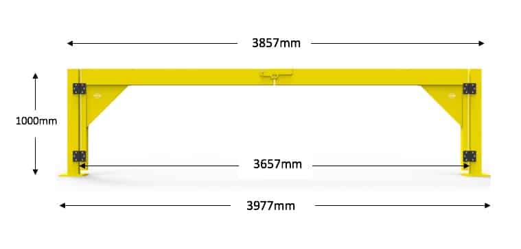 Yellow steel gantry frame with dimensions labelled