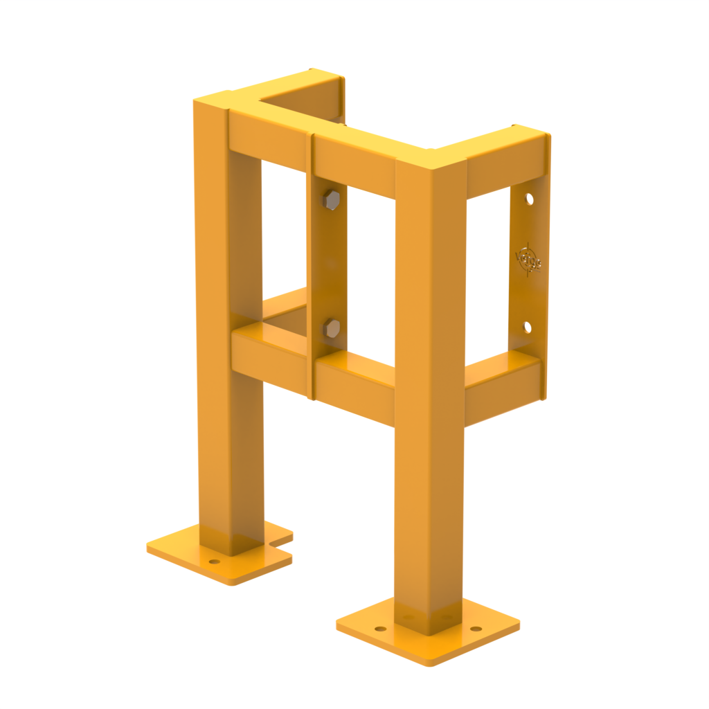 Yellow metal support structure with mounting bases.