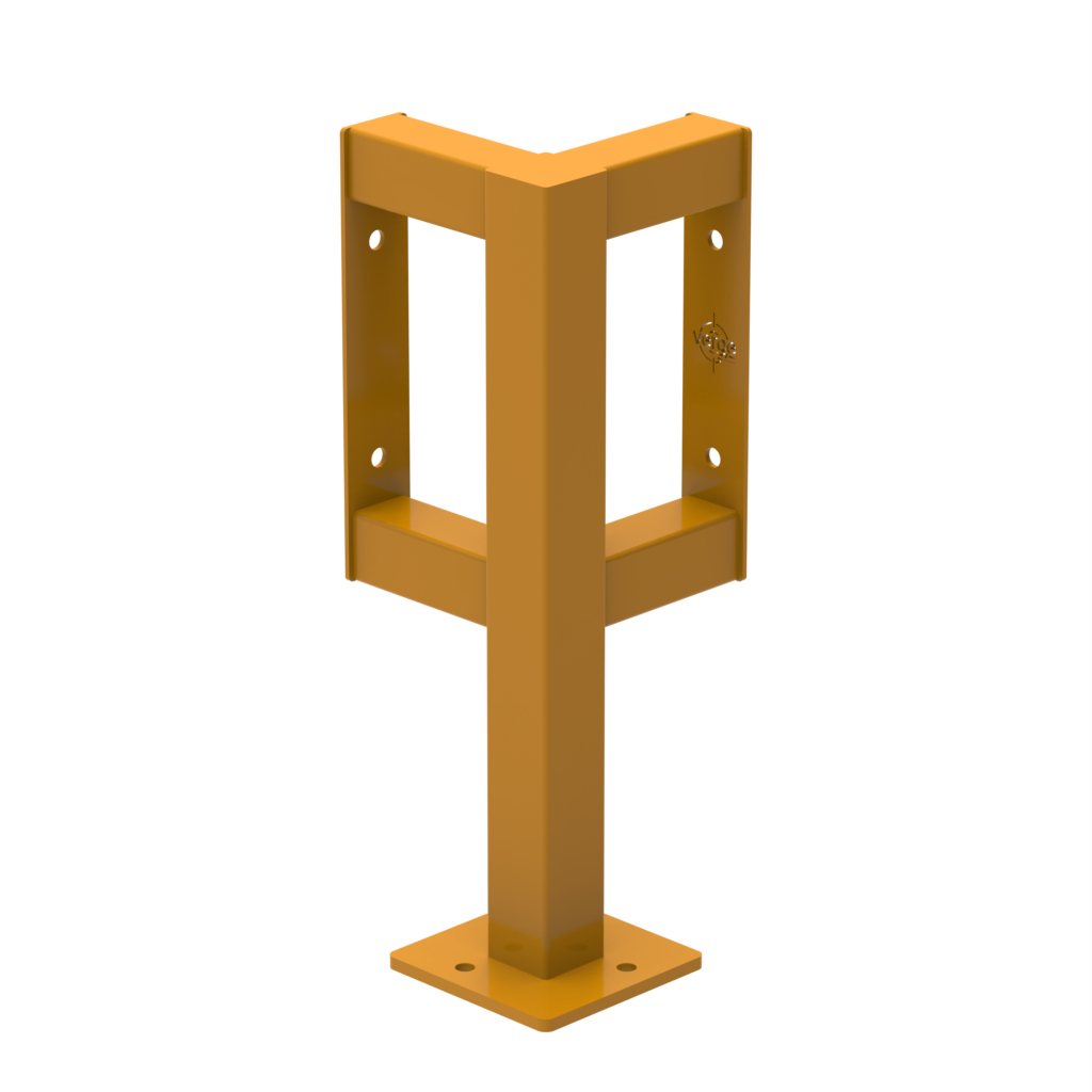 Yellow metal support structure with mounting holes.