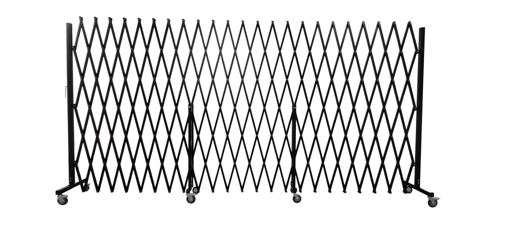 Black retractable security gate on wheels.