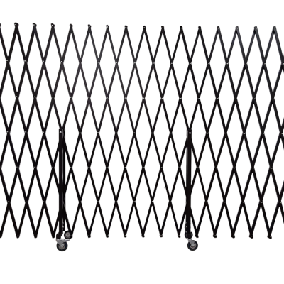 Black retractable security gate on wheels.