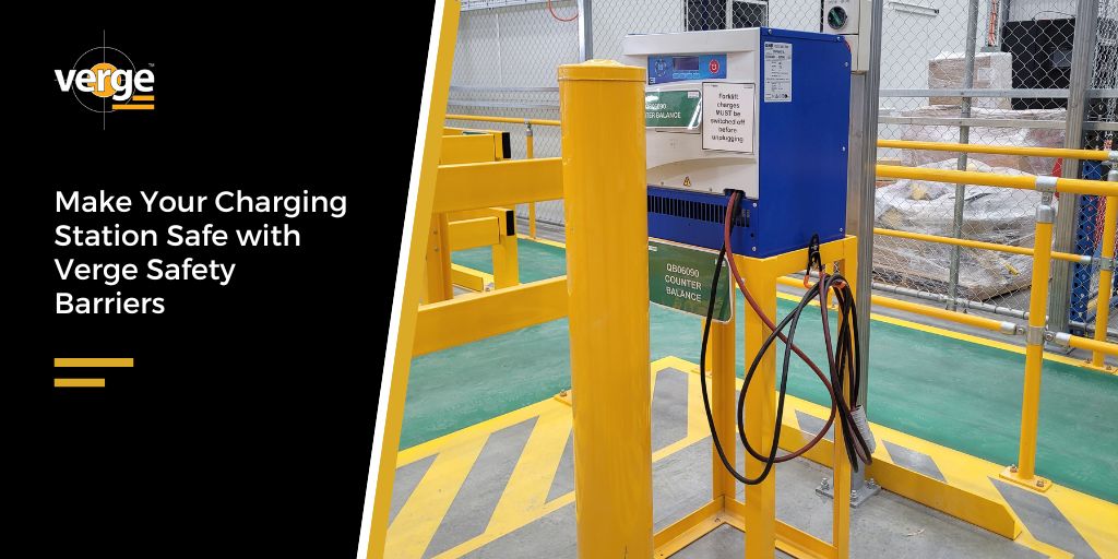 Charging station with safety barriers for protection.