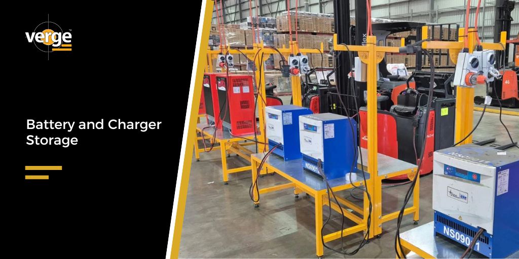 Storage area with battery chargers neatly arranged.