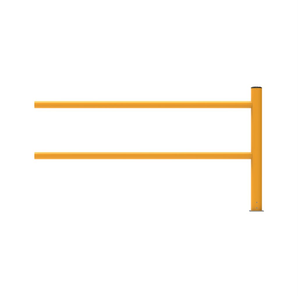 Yellow safety barrier with two horizontal rails.