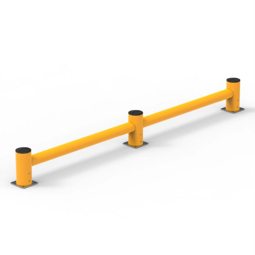 Yellow safety railing for infrastructure protection.