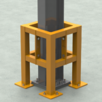 Steel column base with orange protective frame.