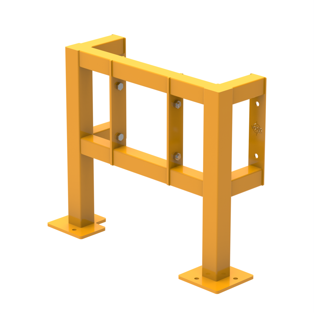 Industrial yellow metal bracket with mounting options.