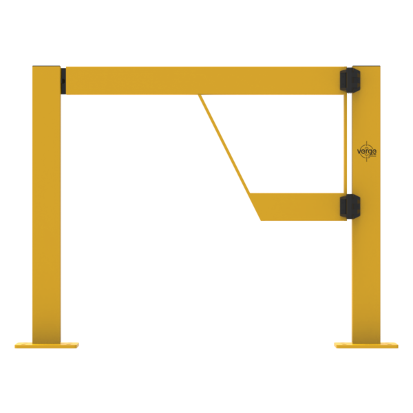 Yellow swing gate designed for access control in industrial settings. The gate includes reinforced panels and a secure latch mechanism for safety in high-traffic areas.