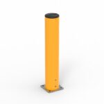 Bright yellow safety bollard on a base.
