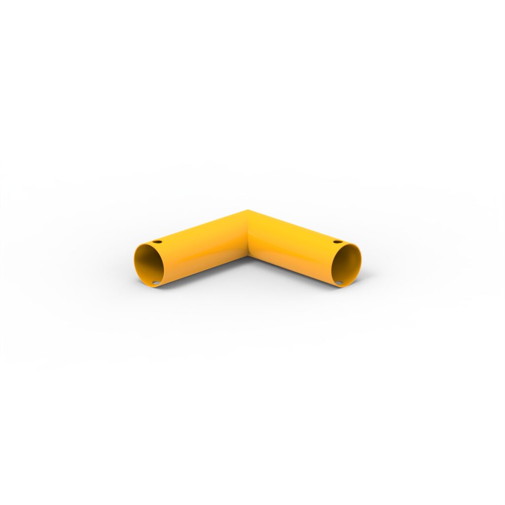 Yellow PVC pipe elbow joint for plumbing use.