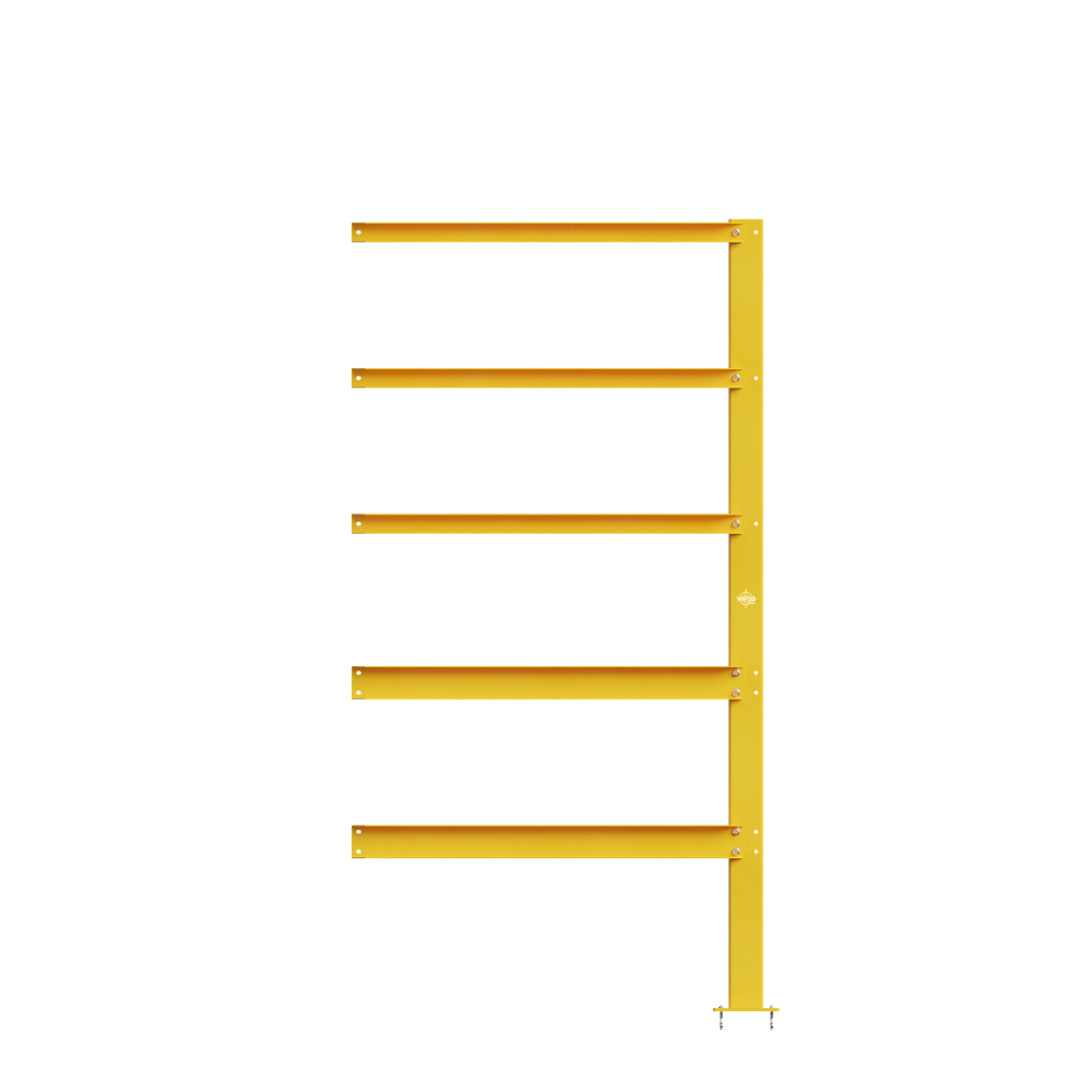 Yellow wall-mounted metal rack with five bars