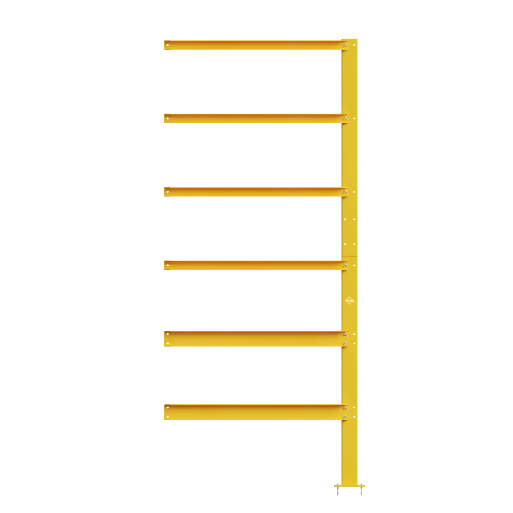 Yellow wall-mounted metal ladder rack