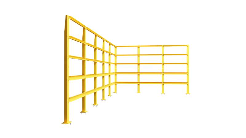 Yellow industrial shelving unit with multiple levels.
