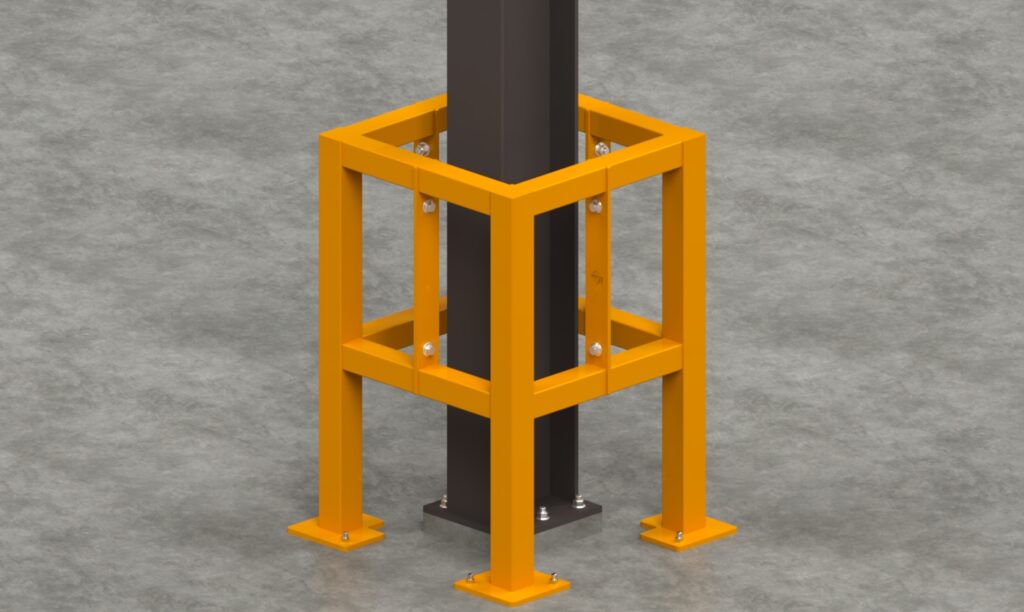 Steel column with orange protective frame.
