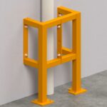 Industrial yellow safety barrier attached to a wall.