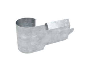 Metal component with a curved shape and slot.