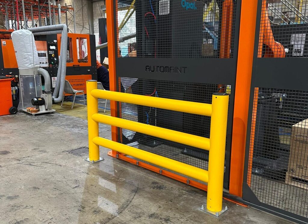 Safety barriers in an industrial workspace.