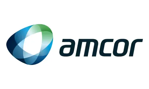 Amcor logo featuring blue and green shapes