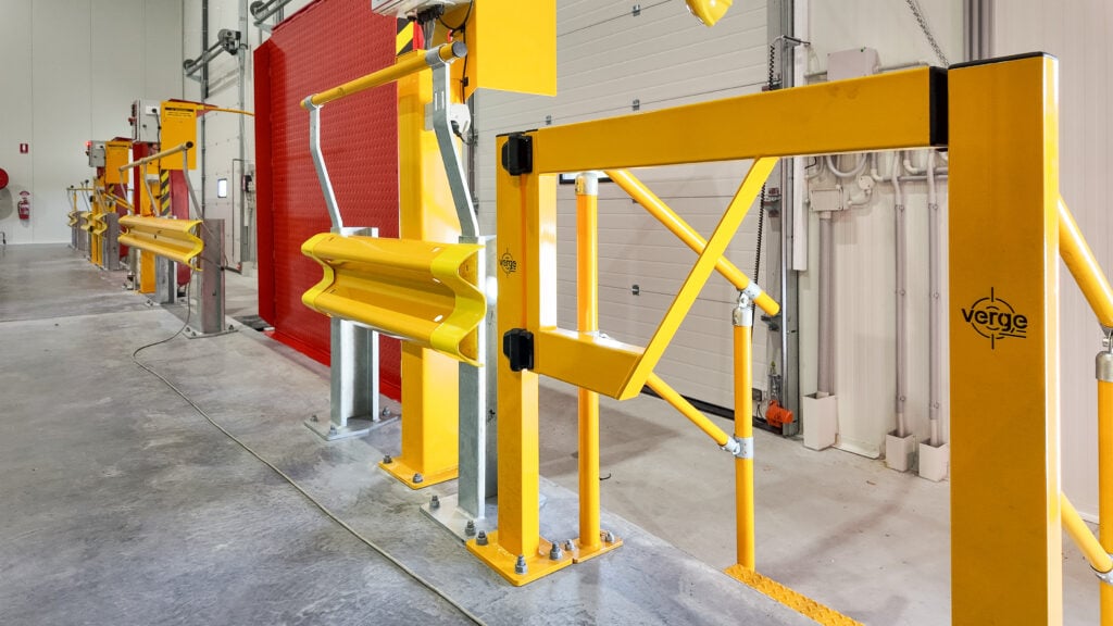 Safety barriers in a warehouse environment.
