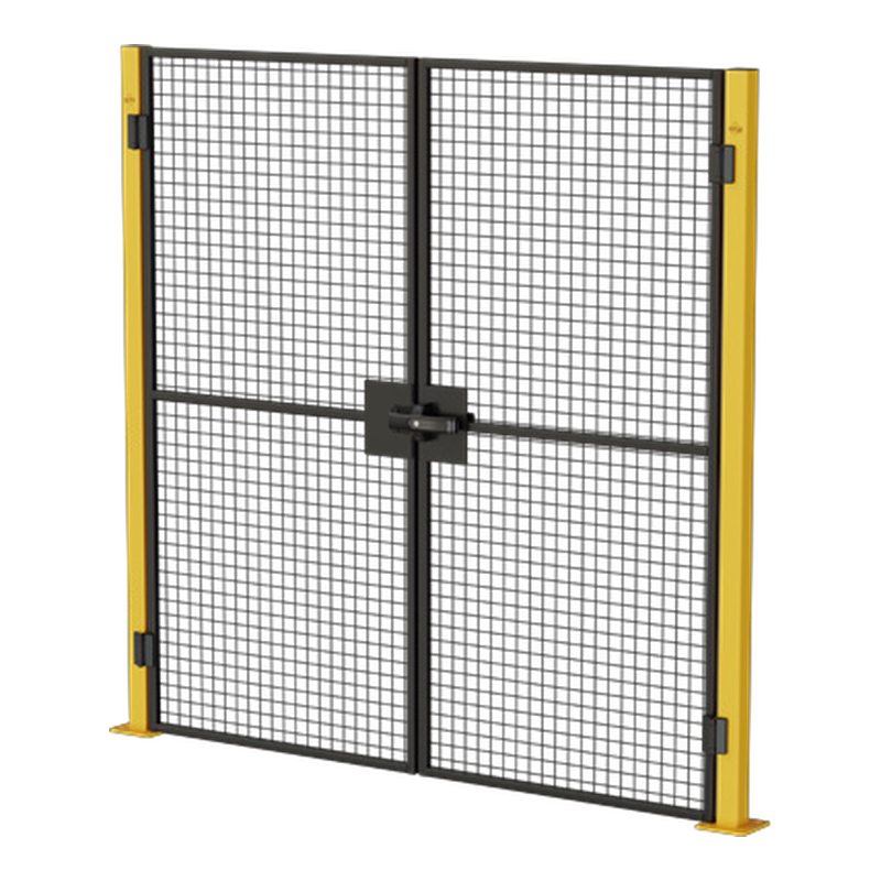 Industrial double mesh safety gate with yellow posts