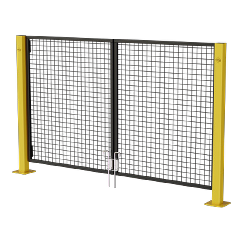 Industrial double mesh safety gate with yellow posts