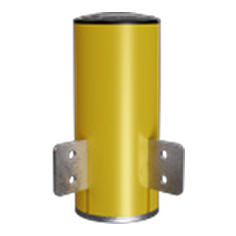 Yellow cylindrical safety bollard with mounting brackets