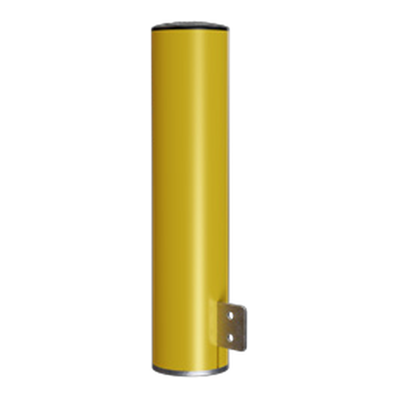 Yellow cylindrical safety bollard with mounting bracket