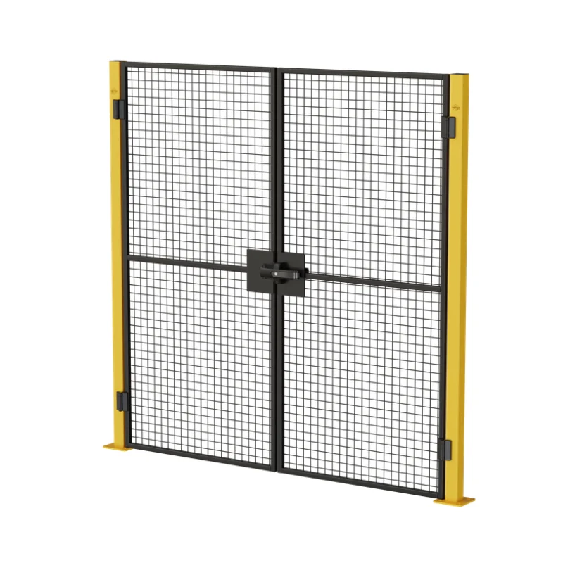 Industrial double mesh safety gate with yellow posts