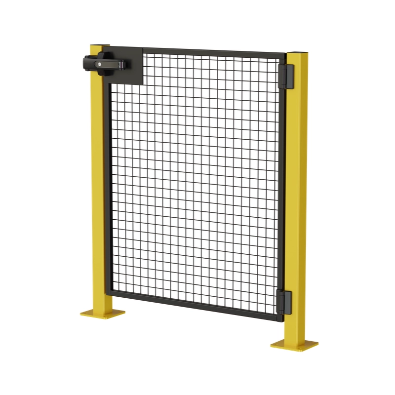 Yellow industrial safety mesh gate with steel posts