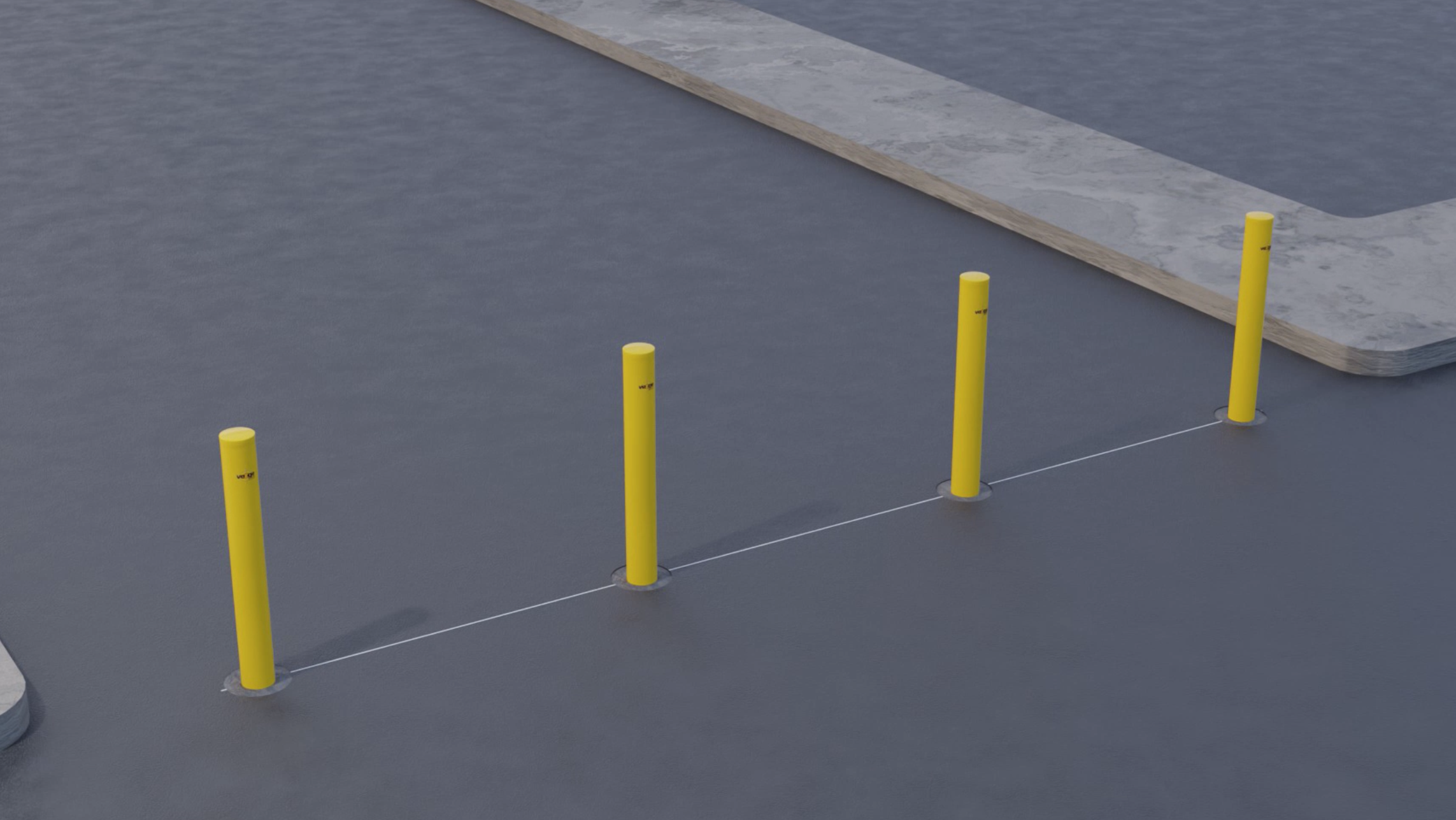 Four yellow bollards along grey concrete pavement