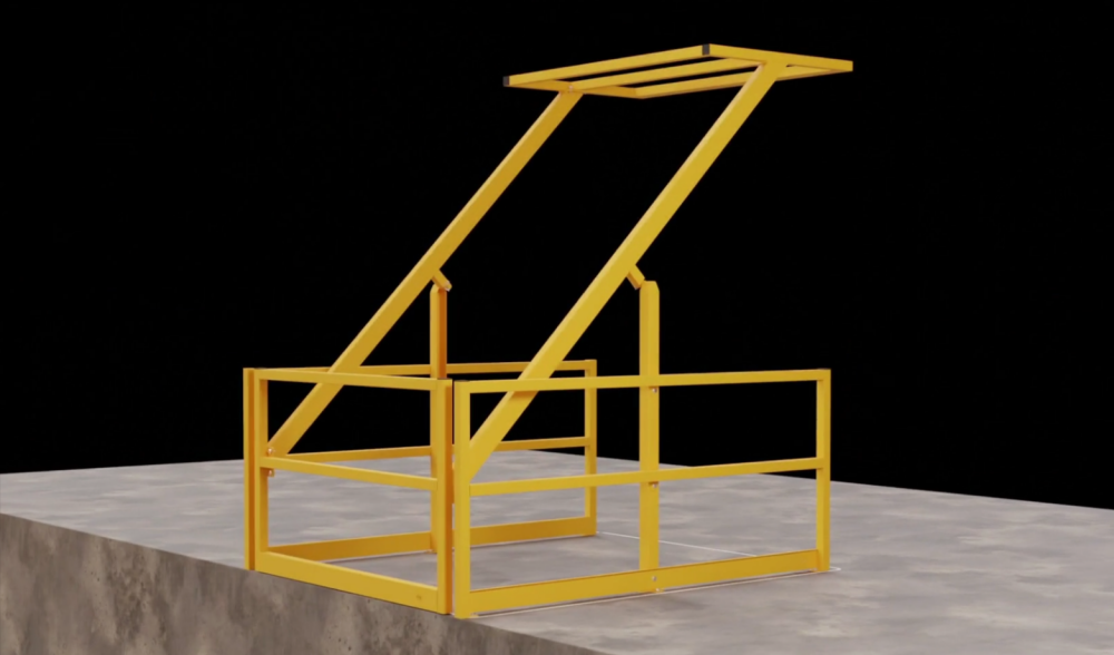 Yellow roof access ladder cage with guardrails