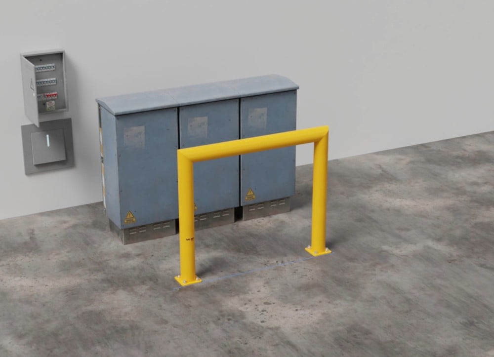 Yellow safety barrier protecting electrical switchgear cabinet
